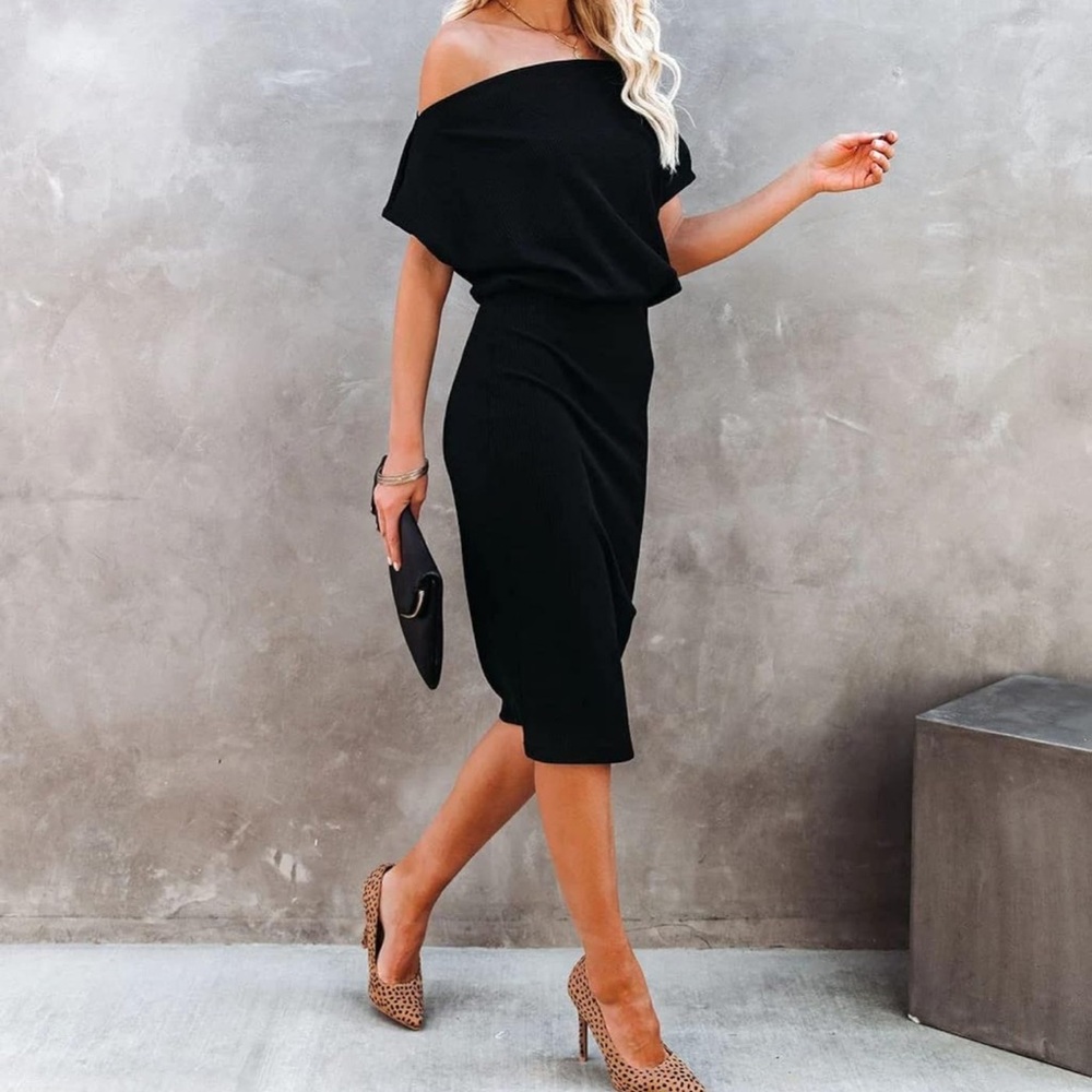 Black Off-Shoulder Dress Bodycon Midi